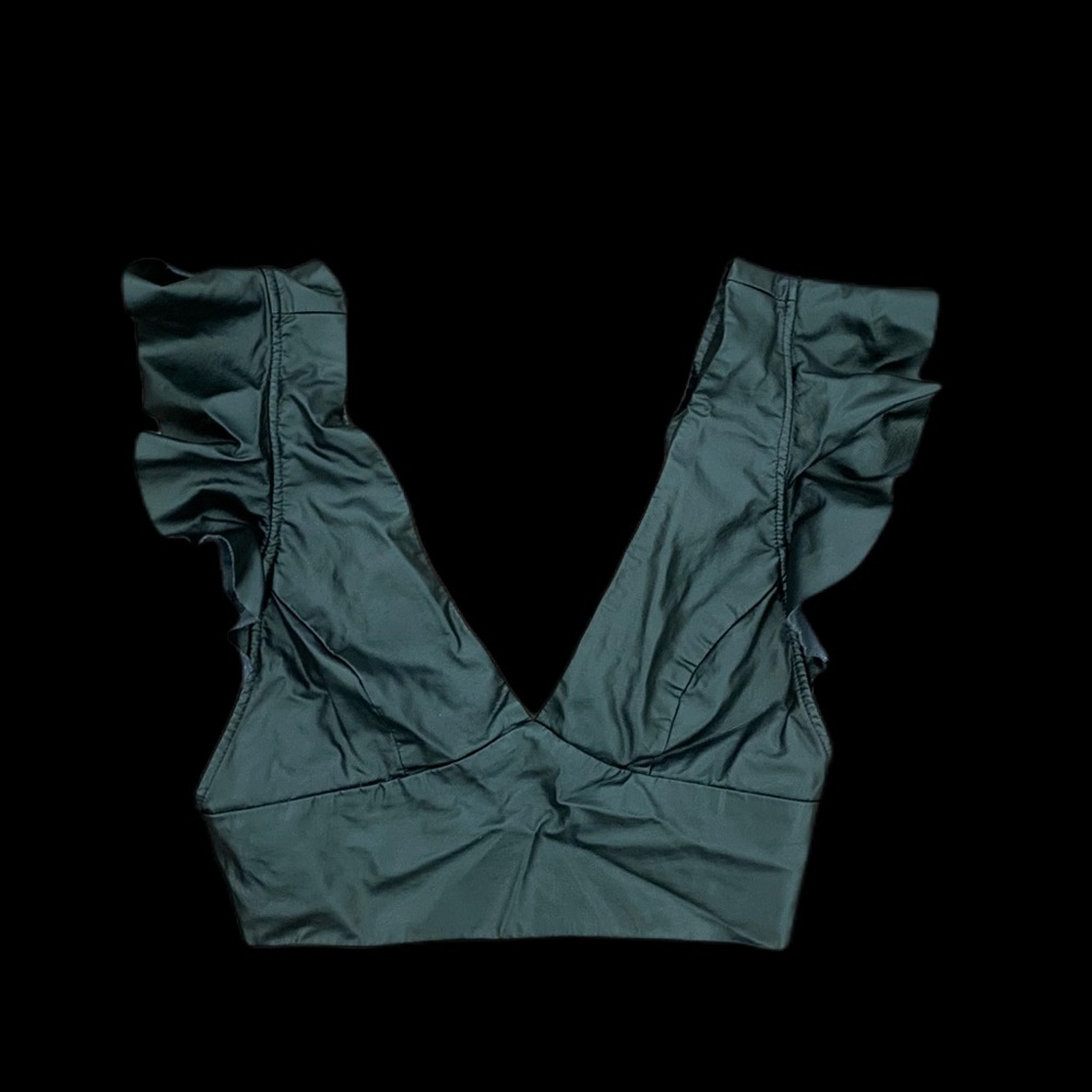 Black leather ruffle sleeve top